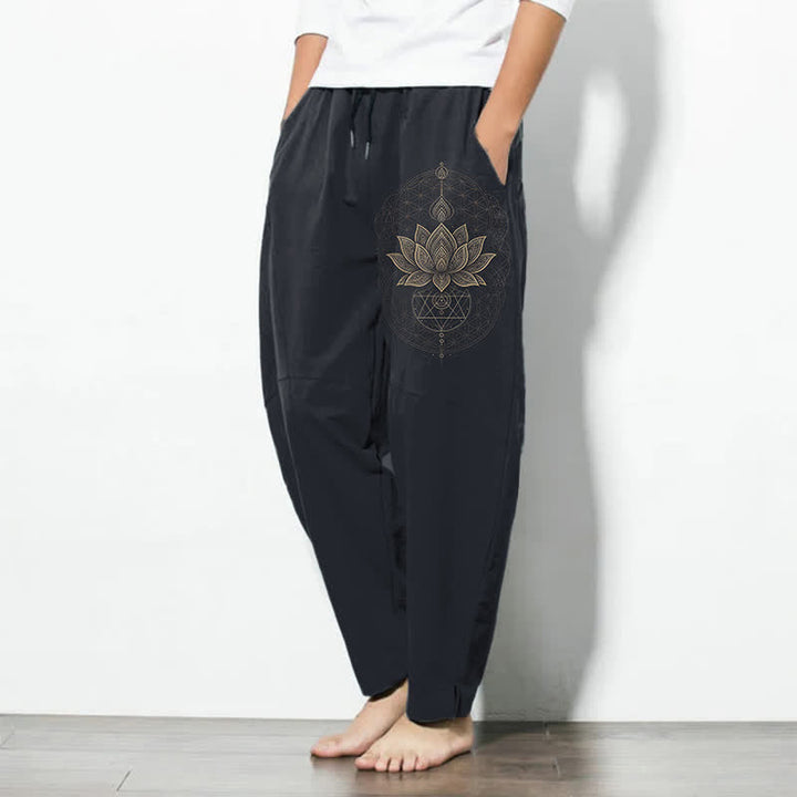 Buddha Stones Pure Cotton Lotus Mandala Geometry Pattern Drawstring Men's Tapered Pants With Pockets - image 12