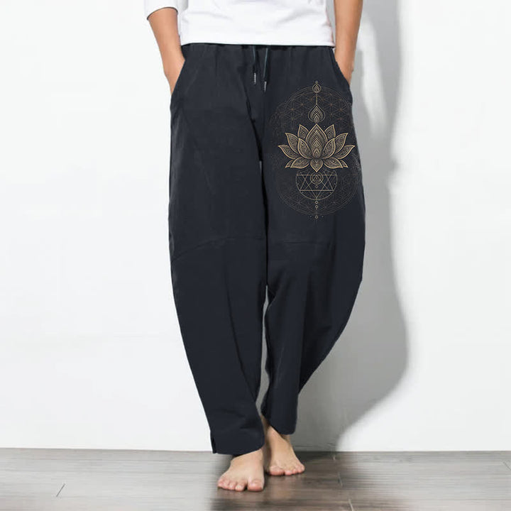 Buddha Stones Pure Cotton Lotus Mandala Geometry Pattern Drawstring Men's Tapered Pants With Pockets - Navy - US/UK/AU50，EU60 (5XL) - image 11