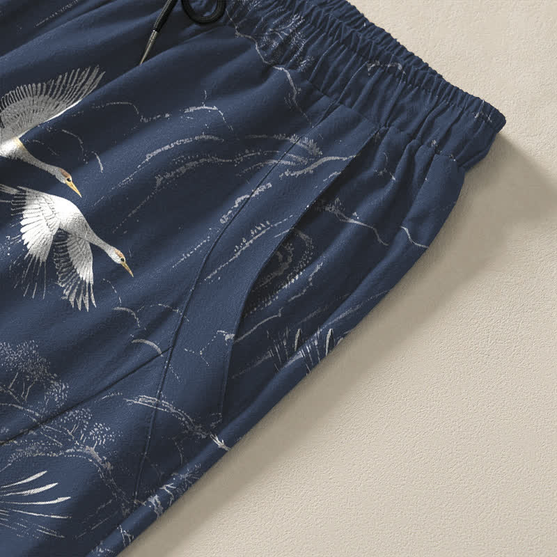 Buddha Stones Pure Cotton White Crane Pine Pattern Drawstring Men's Tapered Pants With Pockets - image 4