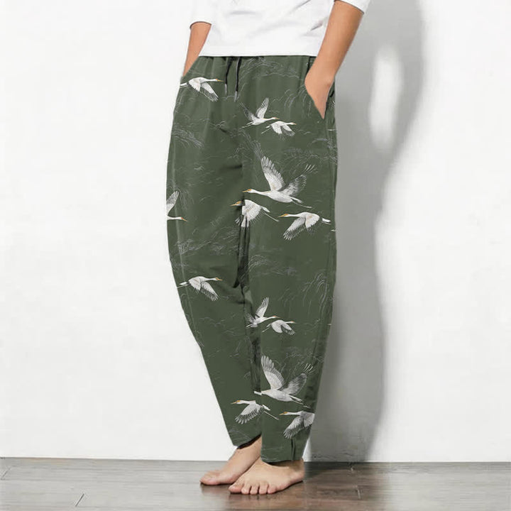 Buddha Stones Pure Cotton White Crane Pine Pattern Drawstring Men's Tapered Pants With Pockets - image 8