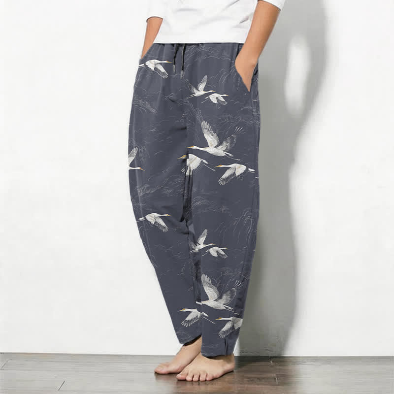 Buddha Stones Pure Cotton White Crane Pine Pattern Drawstring Men's Tapered Pants With Pockets - image 12