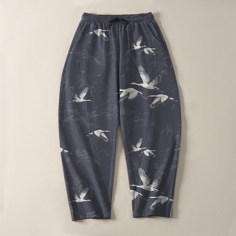 Buddha Stones Pure Cotton White Crane Pine Pattern Drawstring Men's Tapered Pants With Pockets - image 13