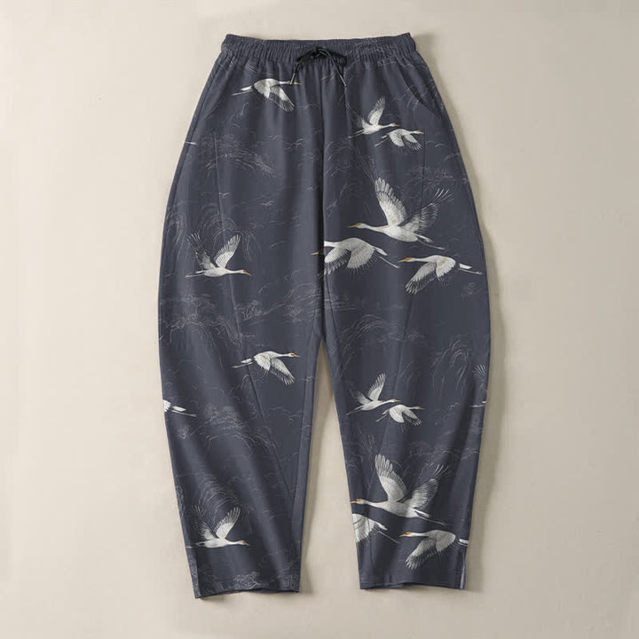 Buddha Stones Pure Cotton White Crane Pine Pattern Drawstring Men's Tapered Pants With Pockets - image 13