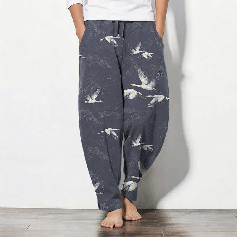 Buddha Stones Pure Cotton White Crane Pine Pattern Drawstring Men's Tapered Pants With Pockets - SlateGray - US/UK/AU50，EU60 (5XL) - image 11