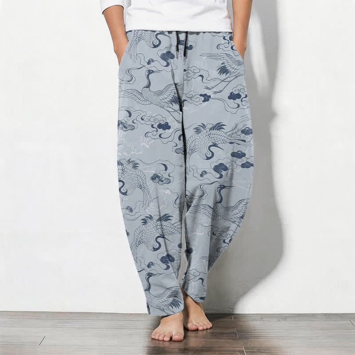 Buddha Stones Pure Cotton Crane Cloud Pattern Drawstring Men's Tapered Pants With Pockets - LightSteelBlue - US/UK/AU50，EU60 (5XL) - image 0