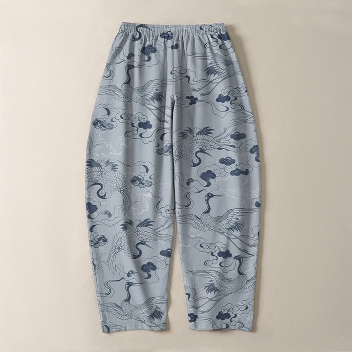 Buddha Stones Pure Cotton Crane Cloud Pattern Drawstring Men's Tapered Pants With Pockets - image 3