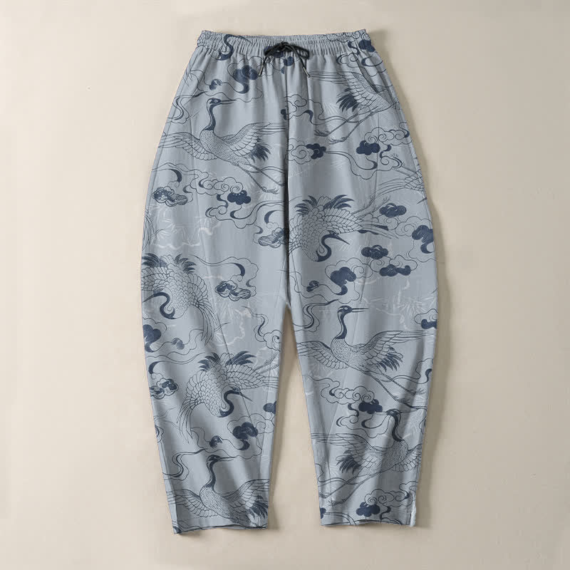 Buddha Stones Pure Cotton Crane Cloud Pattern Drawstring Men's Tapered Pants With Pockets - image 2