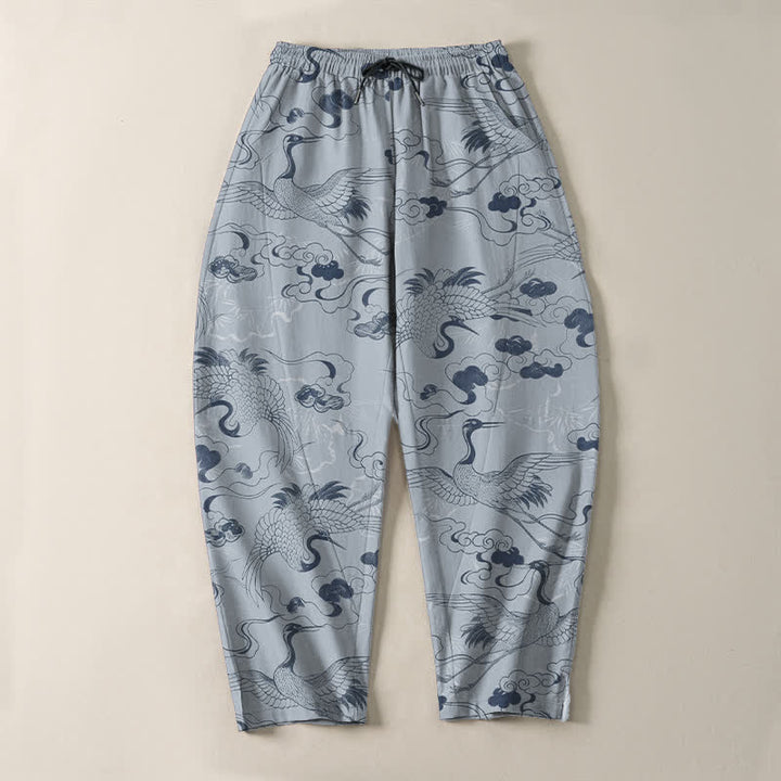 Buddha Stones Pure Cotton Crane Cloud Pattern Drawstring Men's Tapered Pants With Pockets - image 2
