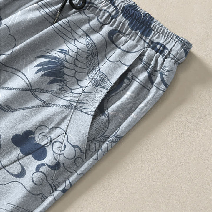 Buddha Stones Pure Cotton Crane Cloud Pattern Drawstring Men's Tapered Pants With Pockets - image 4