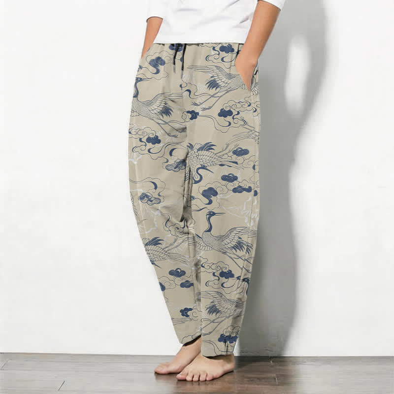 Buddha Stones Pure Cotton Crane Cloud Pattern Drawstring Men's Tapered Pants With Pockets - image 8