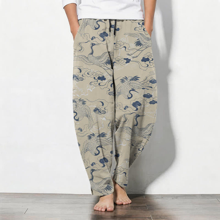 Buddha Stones Pure Cotton Crane Cloud Pattern Drawstring Men's Tapered Pants With Pockets - Beige - US/UK/AU50，EU60 (5XL) - image 7
