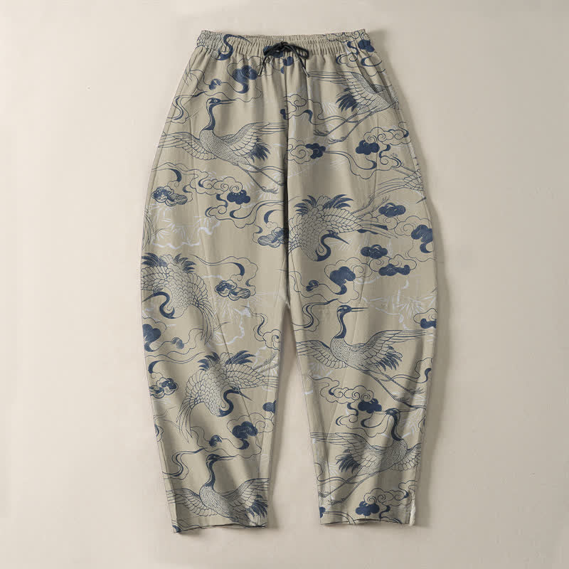 Buddha Stones Pure Cotton Crane Cloud Pattern Drawstring Men's Tapered Pants With Pockets - image 9