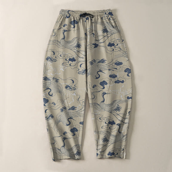 Buddha Stones Pure Cotton Crane Cloud Pattern Drawstring Men's Tapered Pants With Pockets - image 9