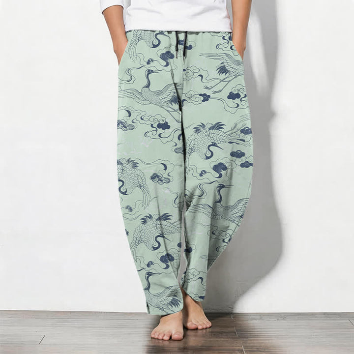 Buddha Stones Pure Cotton Crane Cloud Pattern Drawstring Men's Tapered Pants With Pockets - PaleGreen - US/UK/AU50，EU60 (5XL) - image 11