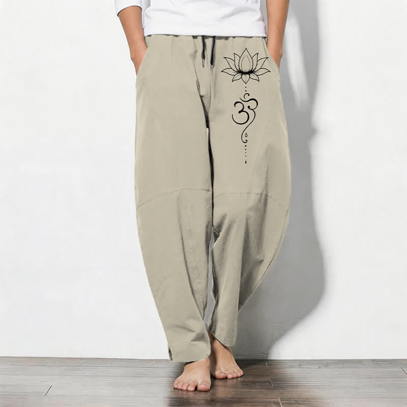 Buddha Stones Pure Cotton Lotus Om Pattern Drawstring Men's Tapered Pants With Pockets - Beige - US/UK/AU50，EU60 (5XL) - image 0