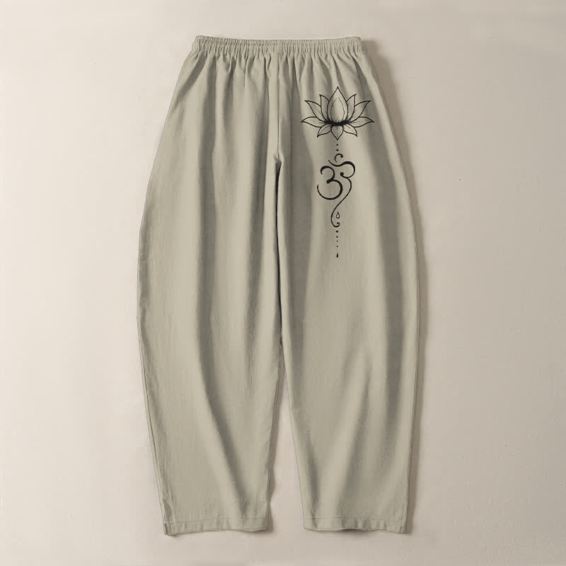Buddha Stones Pure Cotton Lotus Om Pattern Drawstring Men's Tapered Pants With Pockets - image 3