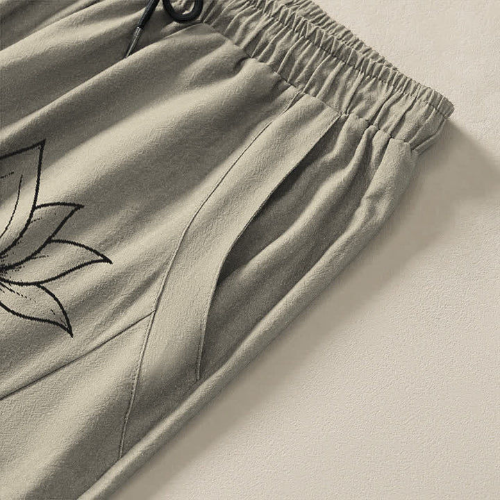 Buddha Stones Pure Cotton Lotus Om Pattern Drawstring Men's Tapered Pants With Pockets - image 4