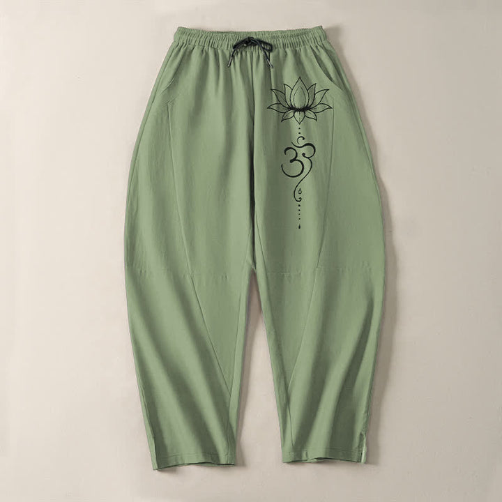 Buddha Stones Pure Cotton Lotus Om Pattern Drawstring Men's Tapered Pants With Pockets - image 9