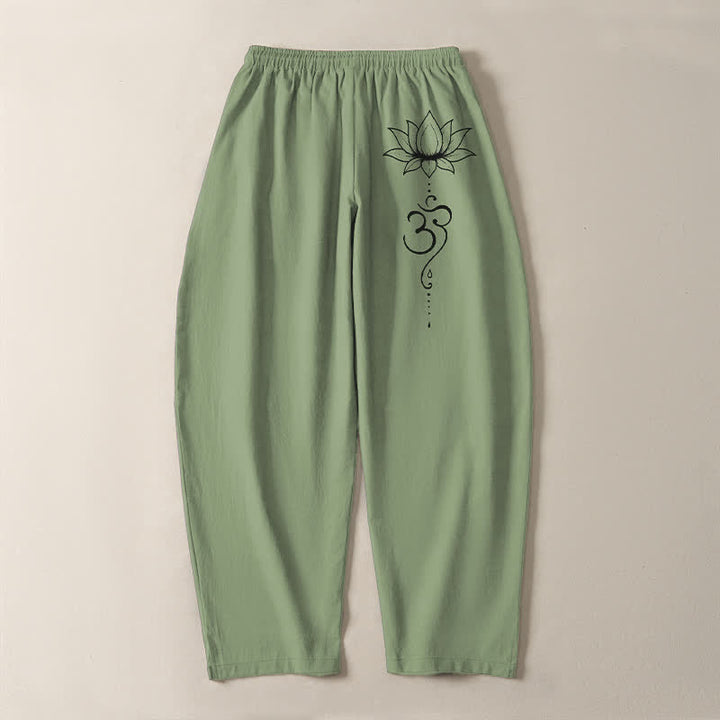 Buddha Stones Pure Cotton Lotus Om Pattern Drawstring Men's Tapered Pants With Pockets - image 10