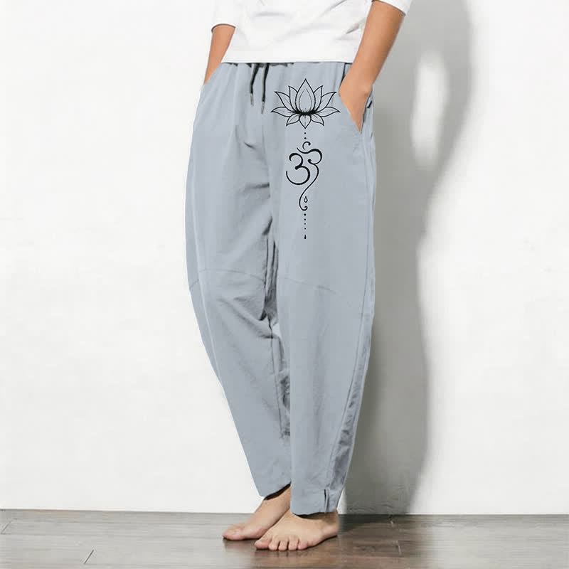 Buddha Stones Pure Cotton Lotus Om Pattern Drawstring Men's Tapered Pants With Pockets - image 12