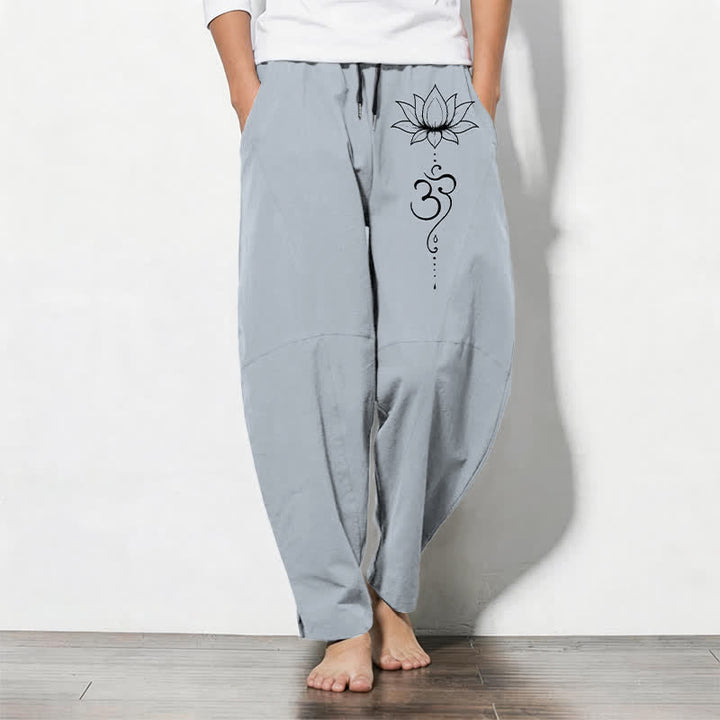 Buddha Stones Pure Cotton Lotus Om Pattern Drawstring Men's Tapered Pants With Pockets - LightSteelBlue - US/UK/AU50，EU60 (5XL) - image 11