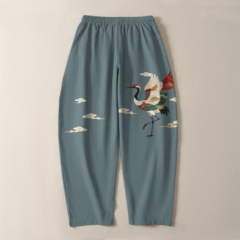 Buddha Stones Pure Cotton Multicolor Crane Cloud Pattern Drawstring Men's Tapered Pants With Pockets - image 3