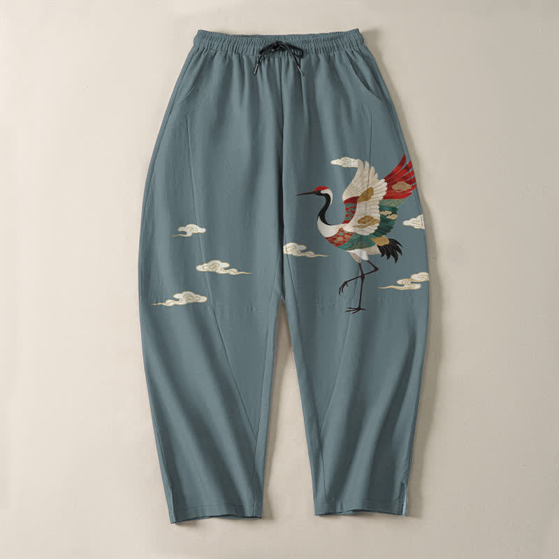 Buddha Stones Pure Cotton Multicolor Crane Cloud Pattern Drawstring Men's Tapered Pants With Pockets - image 2