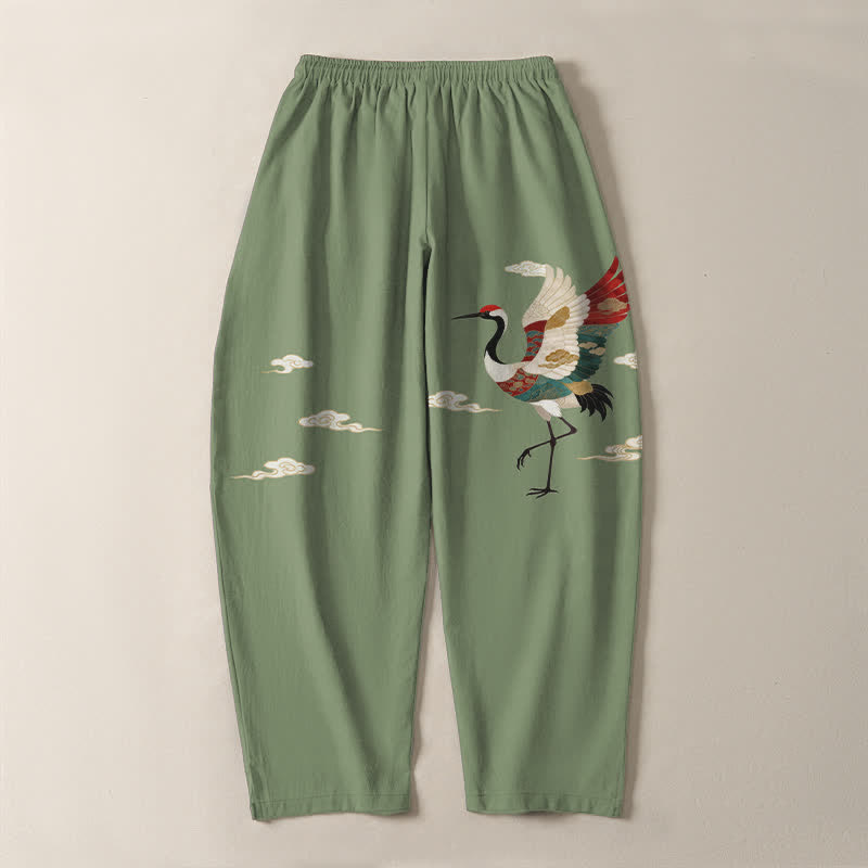 Buddha Stones Pure Cotton Multicolor Crane Cloud Pattern Drawstring Men's Tapered Pants With Pockets - image 10