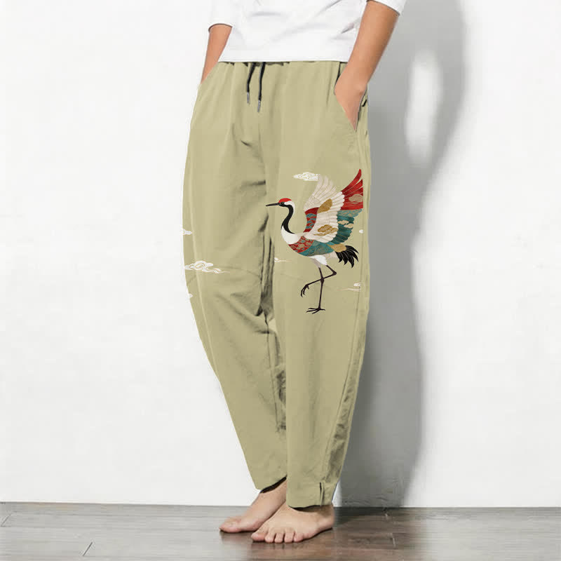 Buddha Stones Pure Cotton Multicolor Crane Cloud Pattern Drawstring Men's Tapered Pants With Pockets - image 12