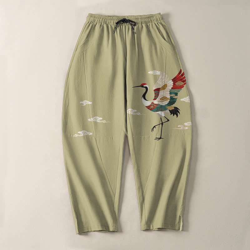Buddha Stones Pure Cotton Multicolor Crane Cloud Pattern Drawstring Men's Tapered Pants With Pockets - image 13