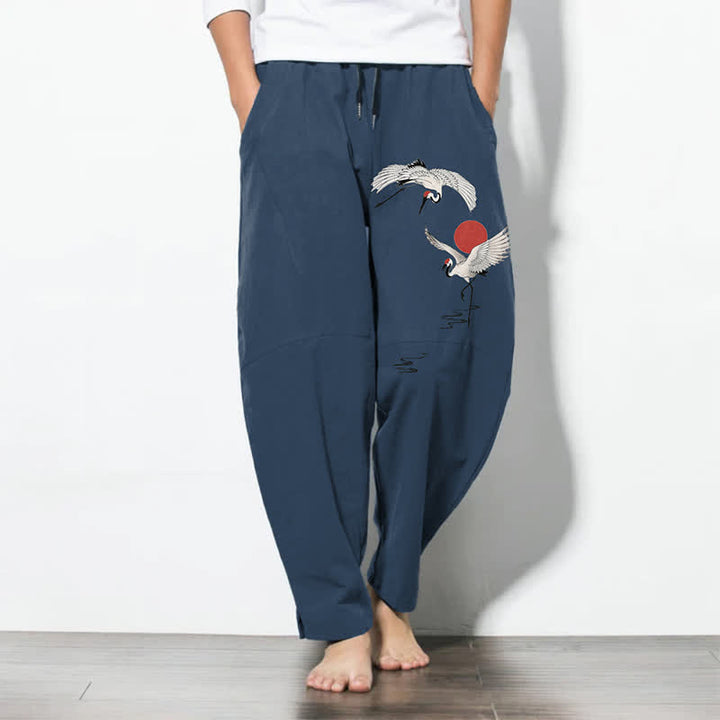 Buddha Stones Pure Cotton Crane Red Sun Pattern Drawstring Men's Tapered Pants With Pockets - SteelBlue - US/UK/AU50，EU60 (5XL) - image 0