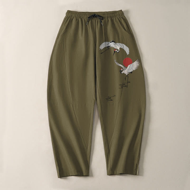 Buddha Stones Pure Cotton Crane Red Sun Pattern Drawstring Men's Tapered Pants With Pockets - image 9