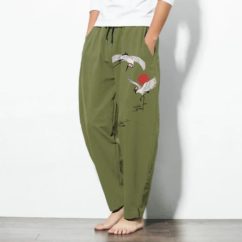 Buddha Stones Pure Cotton Crane Red Sun Pattern Drawstring Men's Tapered Pants With Pockets - image 12