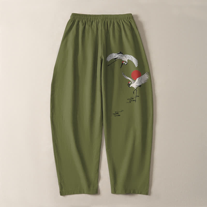 Buddha Stones Pure Cotton Crane Red Sun Pattern Drawstring Men's Tapered Pants With Pockets - image 14