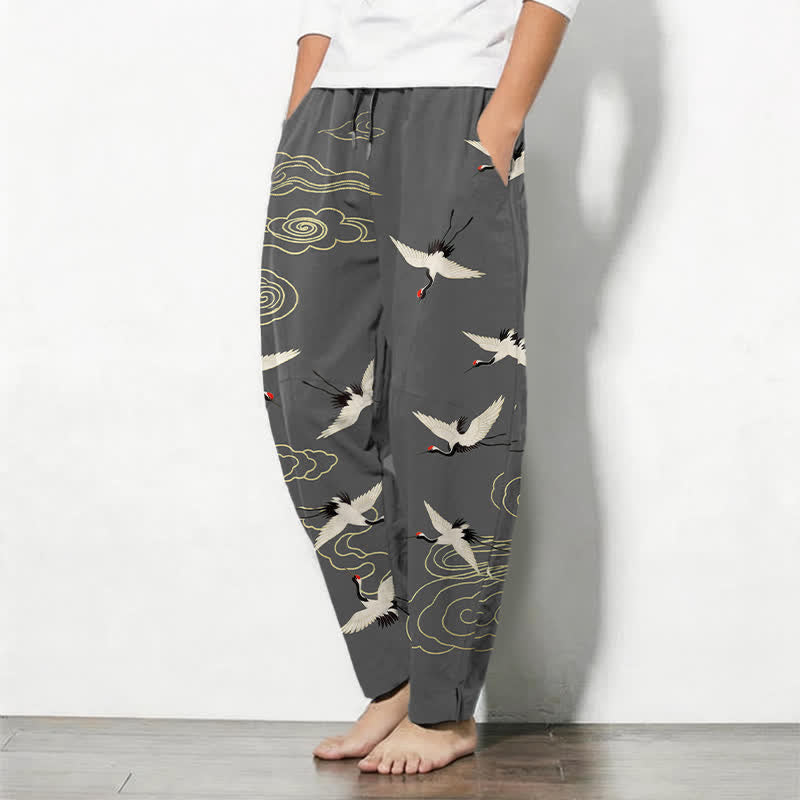 Buddha Stones Pure Cotton White Red-crowned Crane Clouds Pattern Drawstring Men's Tapered Pants With Pockets - image 1