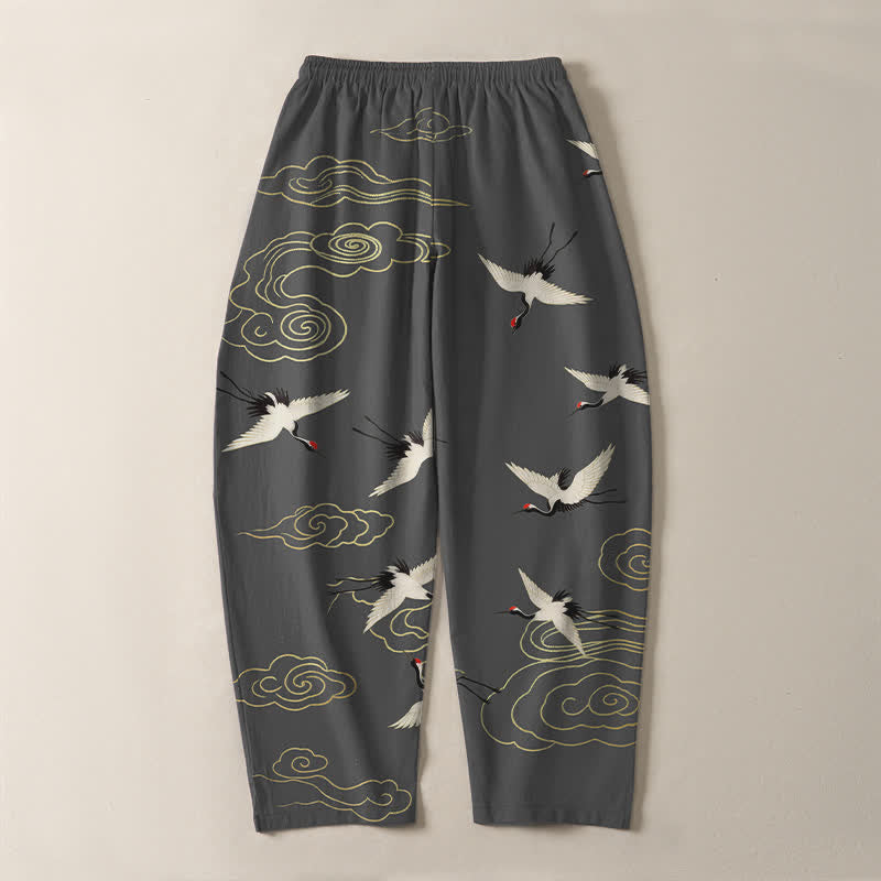 Buddha Stones Pure Cotton White Red-crowned Crane Clouds Pattern Drawstring Men's Tapered Pants With Pockets - image 3