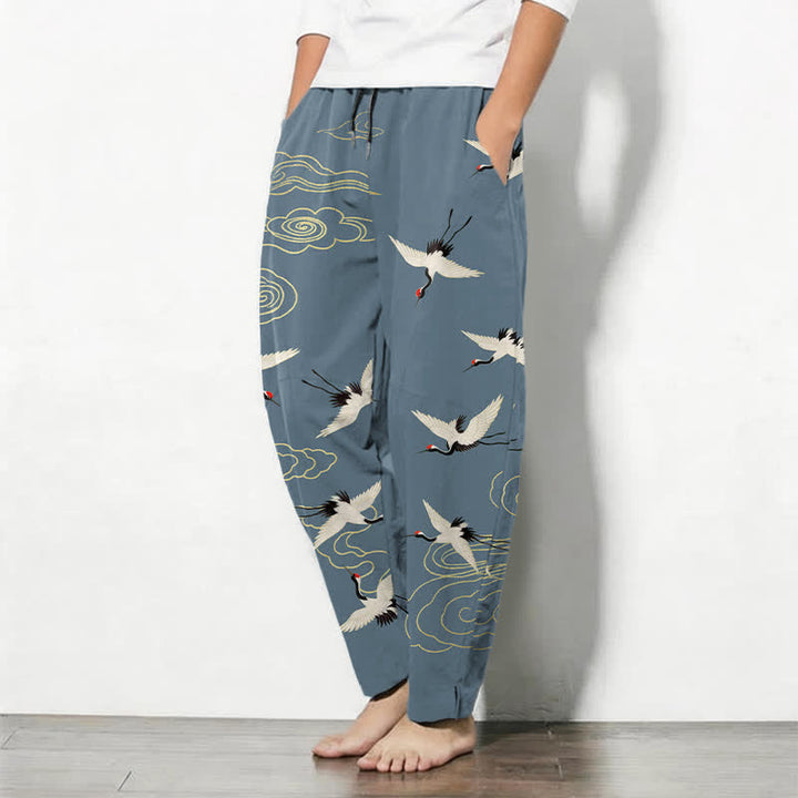 Buddha Stones Pure Cotton White Red-crowned Crane Clouds Pattern Drawstring Men's Tapered Pants With Pockets - image 8