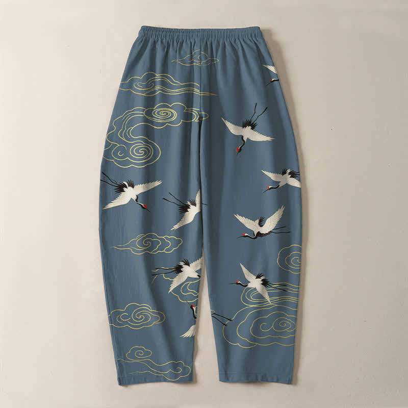 Buddha Stones Pure Cotton White Red-crowned Crane Clouds Pattern Drawstring Men's Tapered Pants With Pockets - image 10