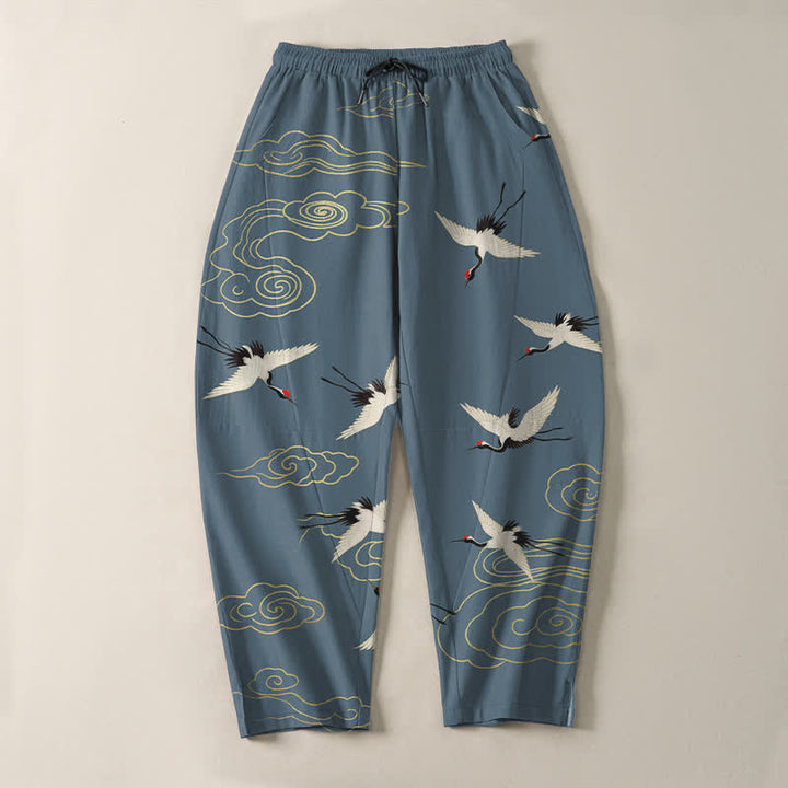 Buddha Stones Pure Cotton White Red-crowned Crane Clouds Pattern Drawstring Men's Tapered Pants With Pockets - image 9