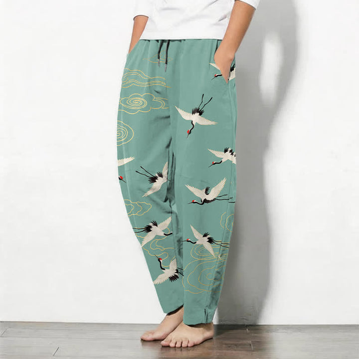 Buddha Stones Pure Cotton White Red-crowned Crane Clouds Pattern Drawstring Men's Tapered Pants With Pockets - image 12