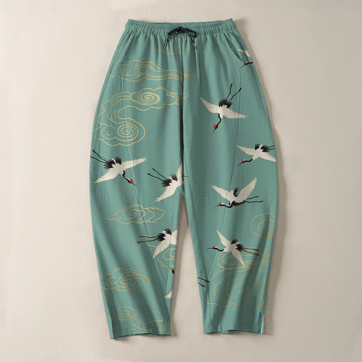 Buddha Stones Pure Cotton White Red-crowned Crane Clouds Pattern Drawstring Men's Tapered Pants With Pockets - image 13