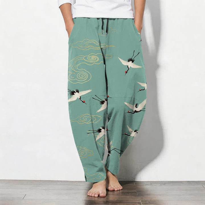 Buddha Stones Pure Cotton White Red-crowned Crane Clouds Pattern Drawstring Men's Tapered Pants With Pockets - Aquamarine - US/UK/AU50，EU60 (5XL) - image 11