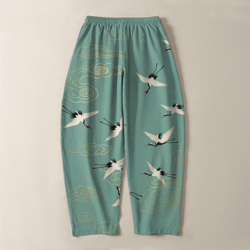 Buddha Stones Pure Cotton White Red-crowned Crane Clouds Pattern Drawstring Men's Tapered Pants With Pockets - image 14
