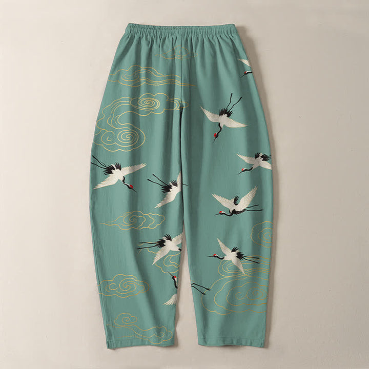 Buddha Stones Pure Cotton White Red-crowned Crane Clouds Pattern Drawstring Men's Tapered Pants With Pockets - image 14