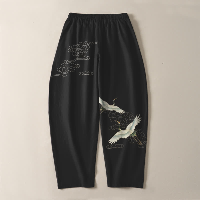 Buddha Stones Pure Cotton White Crane Clouds Pattern Drawstring Men's Tapered Pants With Pockets - image 3