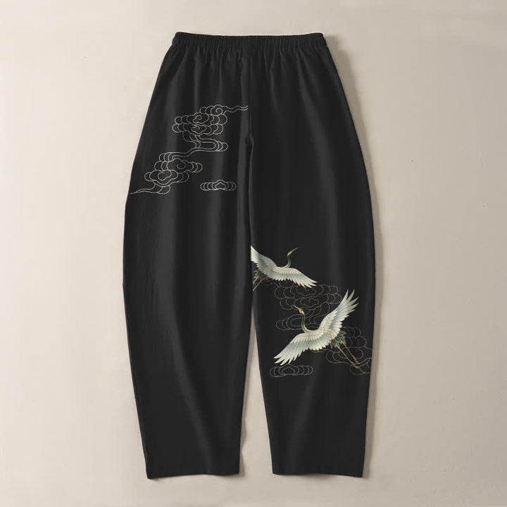 Buddha Stones Pure Cotton White Crane Clouds Pattern Drawstring Men's Tapered Pants With Pockets - image 3