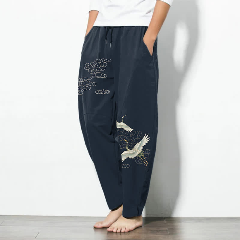 Buddha Stones Pure Cotton White Crane Clouds Pattern Drawstring Men's Tapered Pants With Pockets - image 8