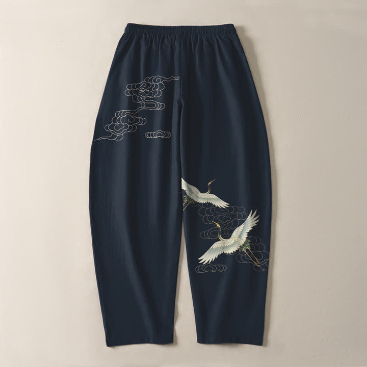 Buddha Stones Pure Cotton White Crane Clouds Pattern Drawstring Men's Tapered Pants With Pockets - image 10