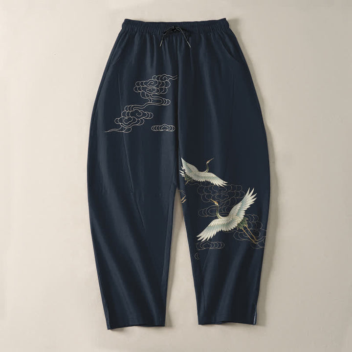 Buddha Stones Pure Cotton White Crane Clouds Pattern Drawstring Men's Tapered Pants With Pockets - image 9