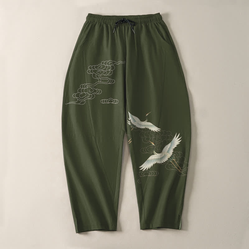 Buddha Stones Pure Cotton White Crane Clouds Pattern Drawstring Men's Tapered Pants With Pockets - image 13